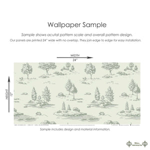 Sample of Lush Pastoral Toile II wallpaper, featuring French toile landscape with trees and meadows in green linework on a pale background.