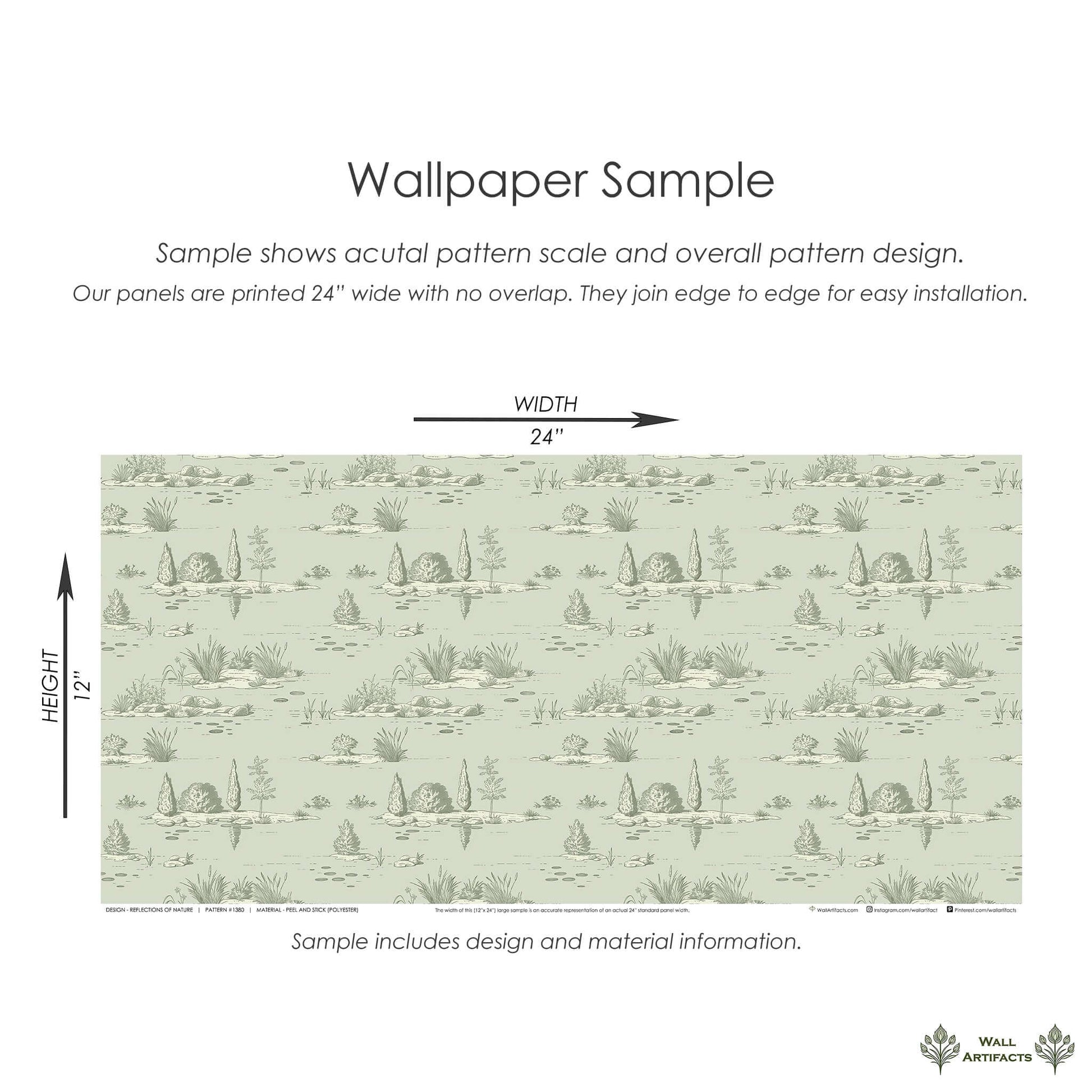 "Reflections of Nature" wallpaper sample showing toile landscape with pondside plants and green water patterns by Wall Artifacts.