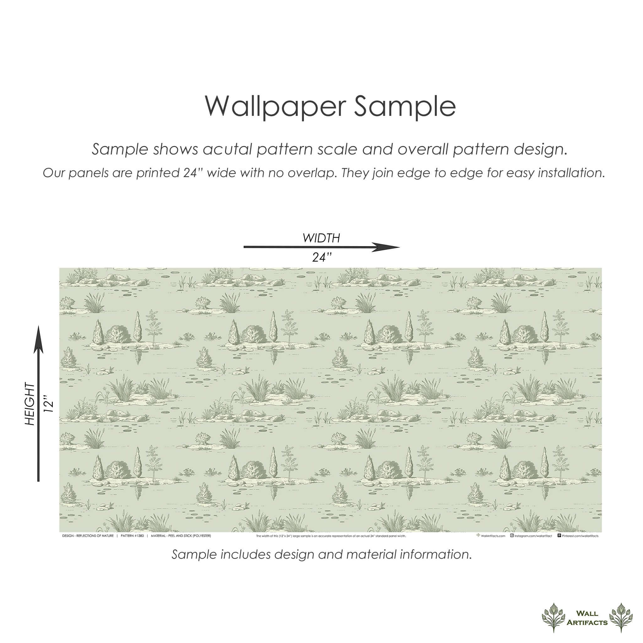 "Reflections of Nature" wallpaper sample showing toile landscape with pondside plants and green water patterns by Wall Artifacts.