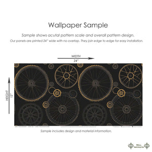 Vintage Gearworks Wallpaper with brass gears on charcoal, geometric, modern design, perfect for automotive and steampunk themes.