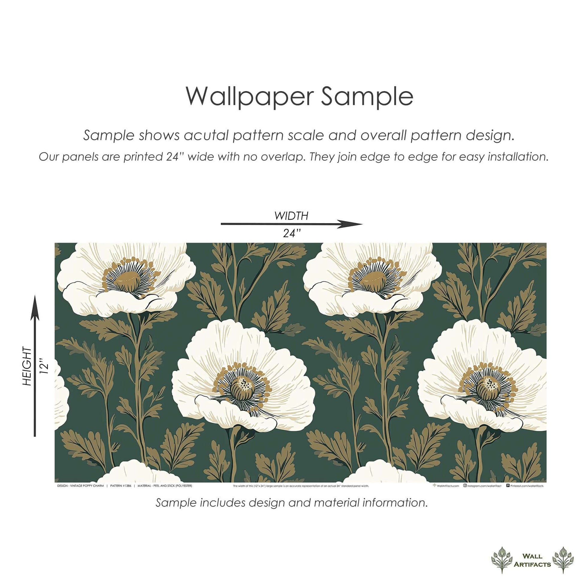 Vintage Poppy Charm wallpaper with ivory poppies and gold twigs on dark green, showcasing botanical elegance and vintage design.
