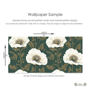 Vintage Poppy Charm wallpaper with ivory poppies and gold twigs on dark green, showcasing botanical elegance and vintage design.