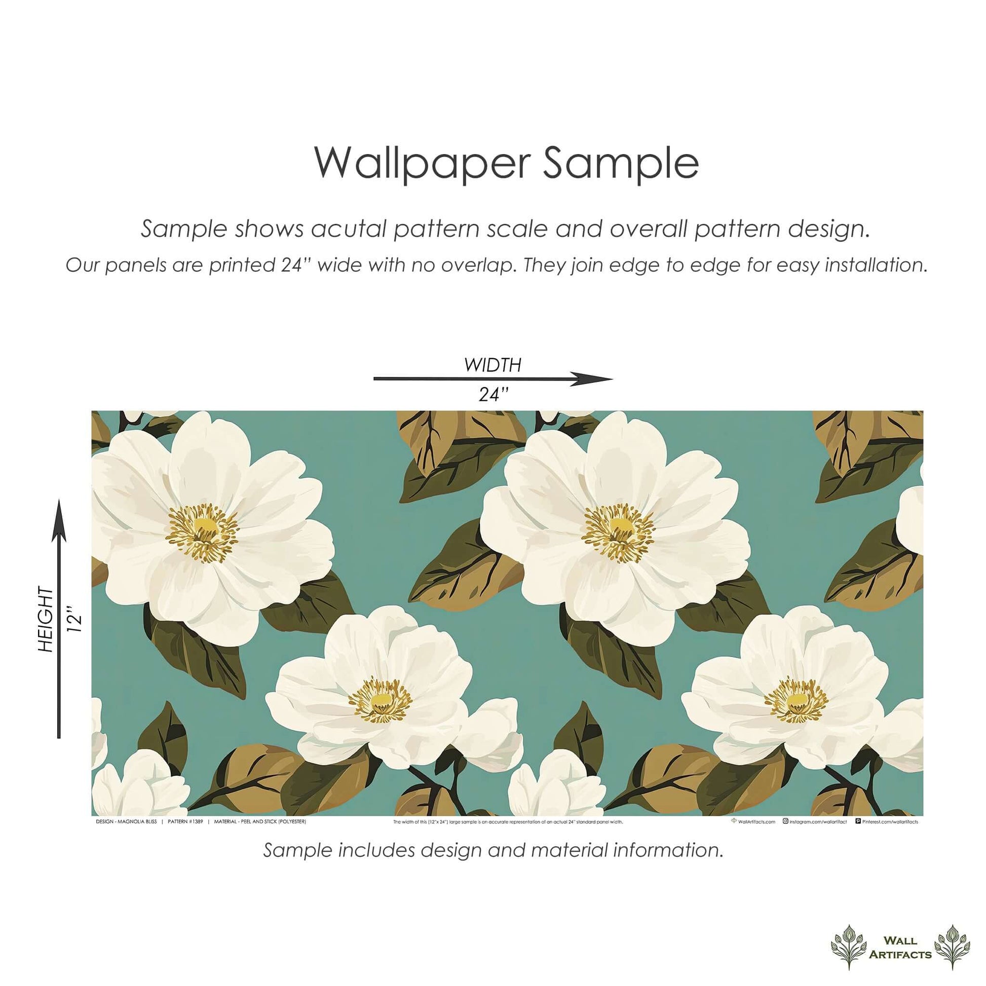 "Magnolia Bliss" teal wallpaper featuring white magnolias with green and golden-brown leaves, 24x12 sample by Wall Artifacts.