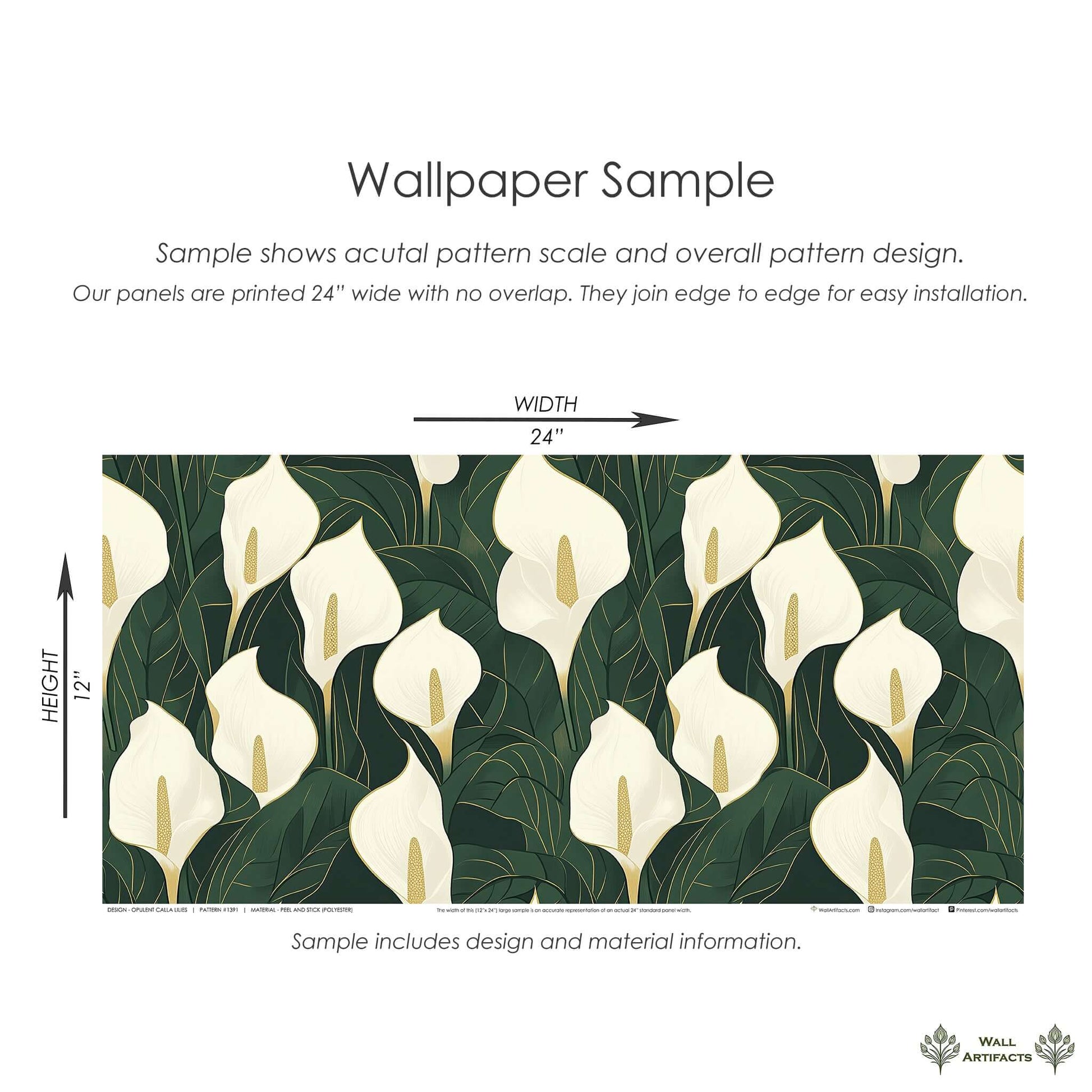 Opulent Calla Lilies Wallpaper sample with ivory lilies and golden accents on an emerald green background. Modern floral design.