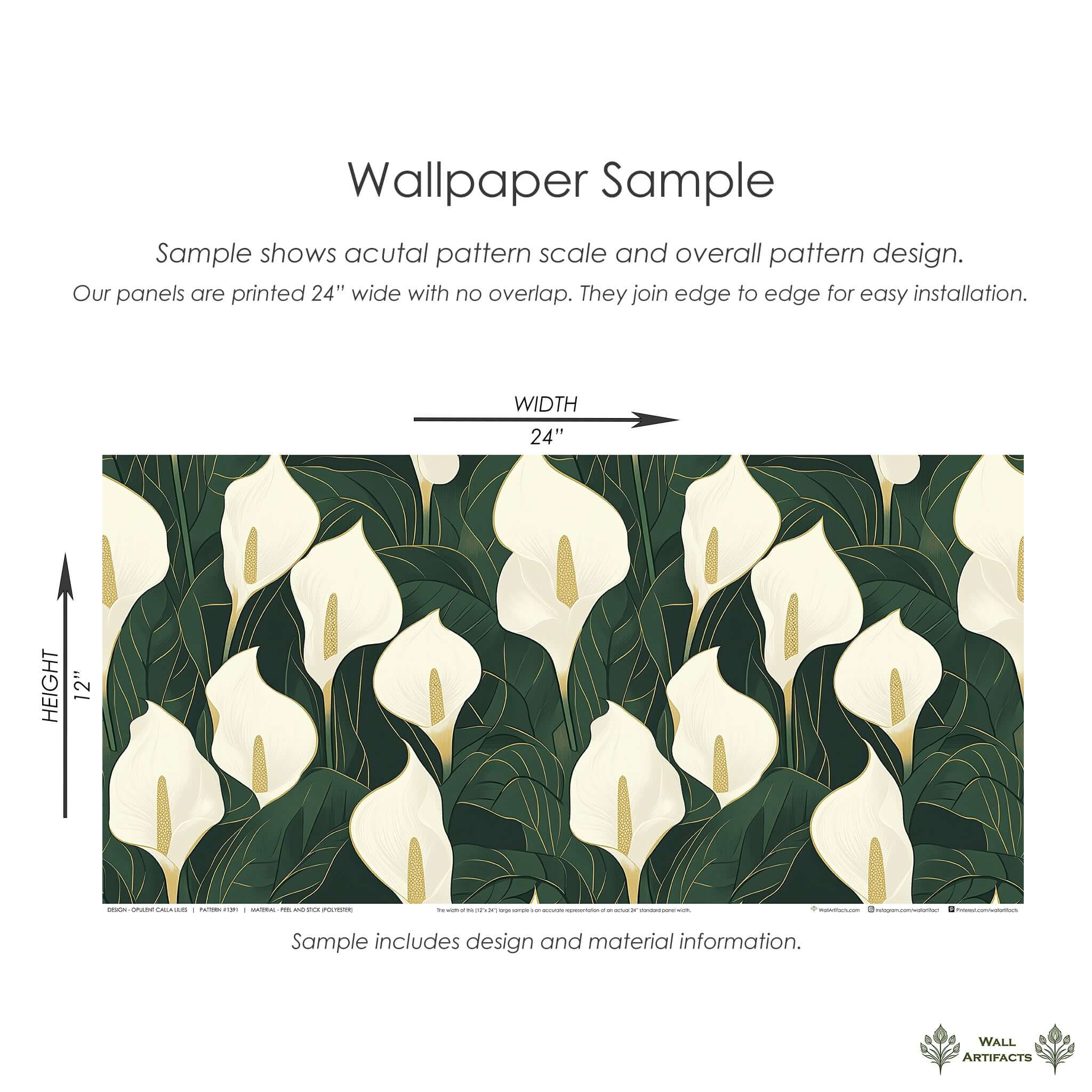 Opulent Calla Lilies Wallpaper sample with ivory lilies and golden accents on an emerald green background. Modern floral design.