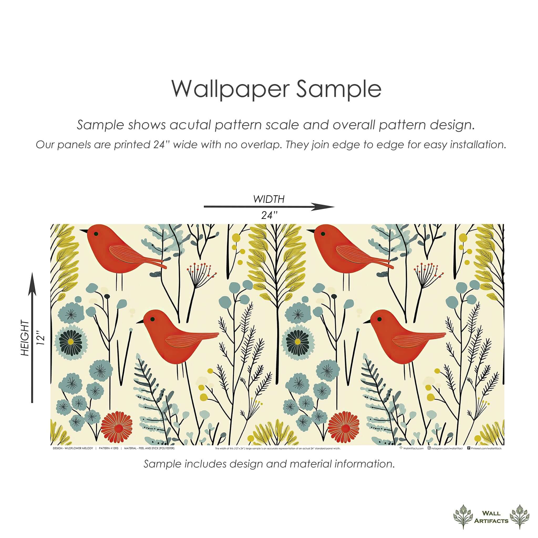 Wildflower Melody wallpaper with red birds, flowers, and a modern botanical design, ideal for adding beauty and charm to any room.