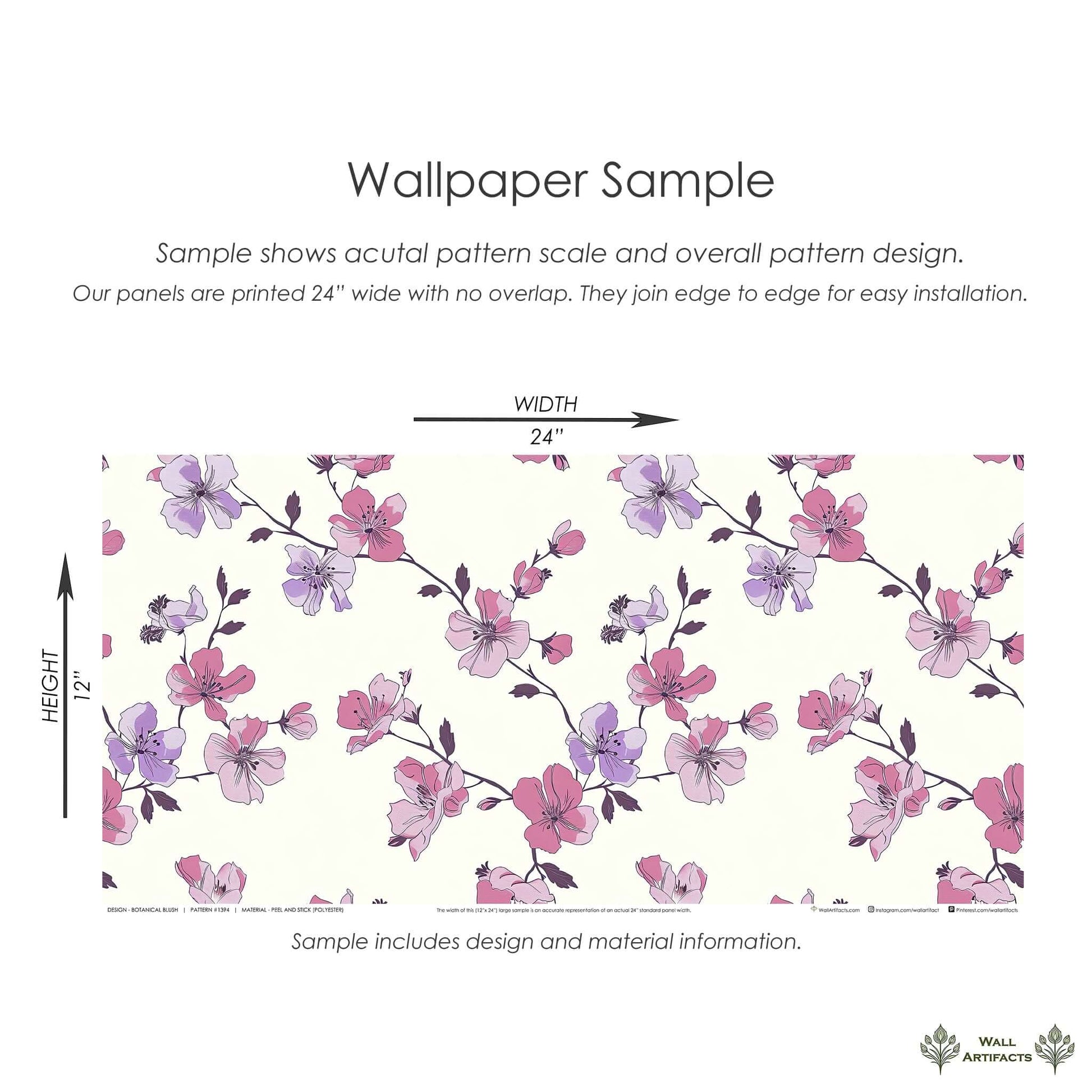 Botanical Blush wallpaper sample featuring pink and lilac blooms, showcasing elegant modern botanical design.