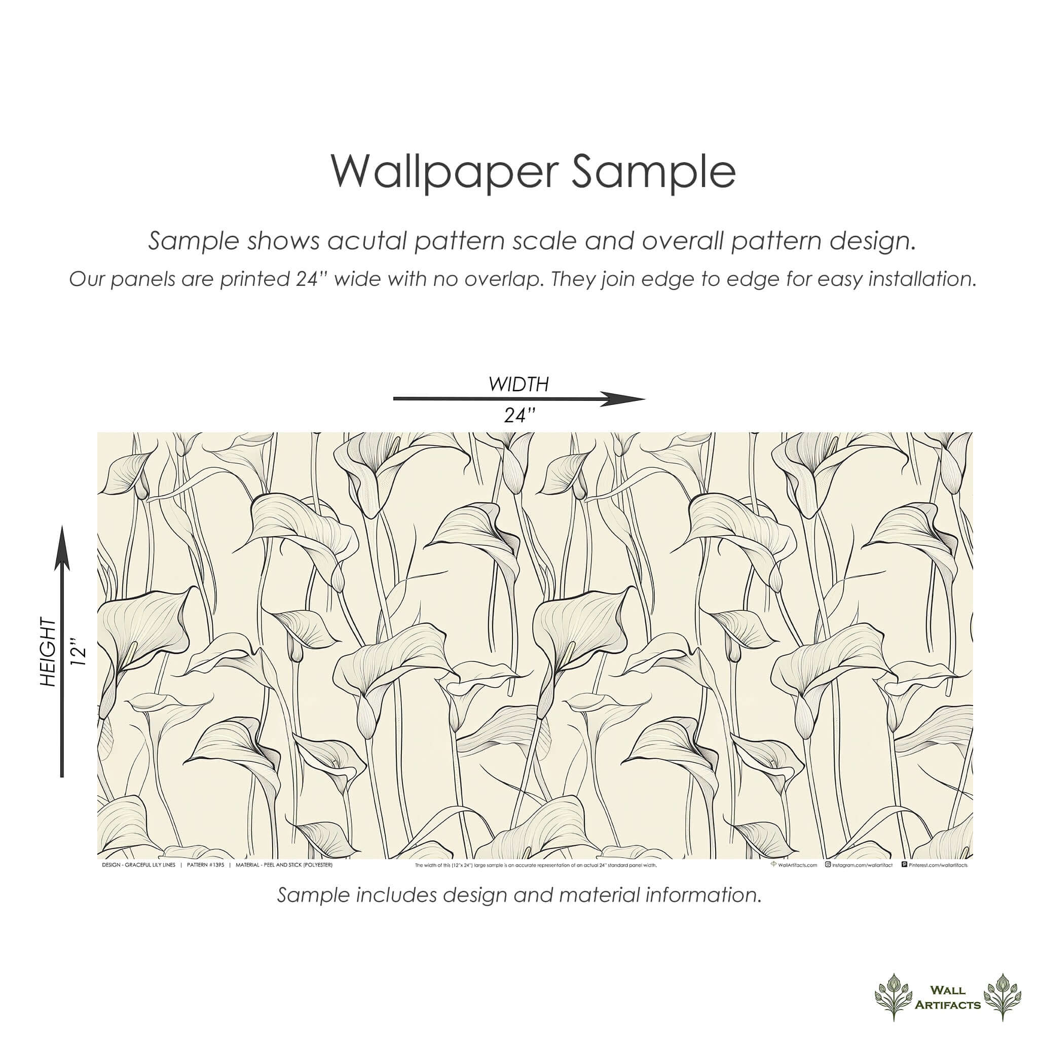 Monochromatic wallpaper sample featuring elegant lily outlines on a neutral background, ideal for modern and contemporary interiors.