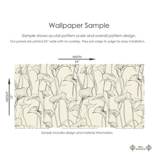 Monochromatic wallpaper sample featuring elegant lily outlines on a neutral background, ideal for modern and contemporary interiors.