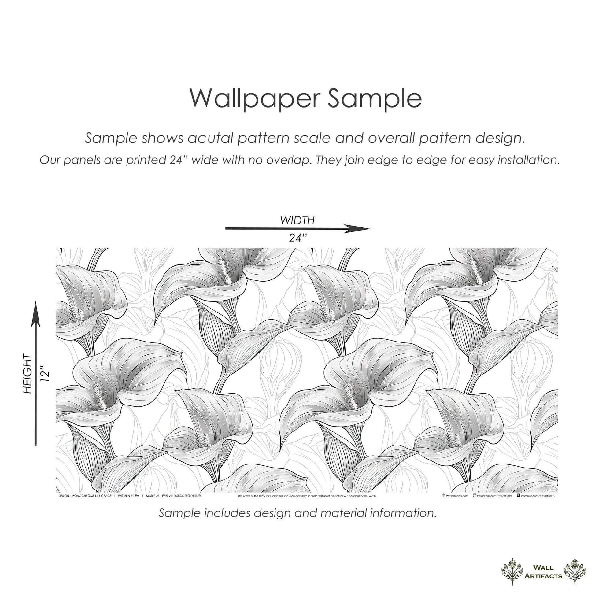 Monochrome wallpaper sample showcasing detailed calla lily design on a grayscale backdrop, perfect for modern and elegant spaces.