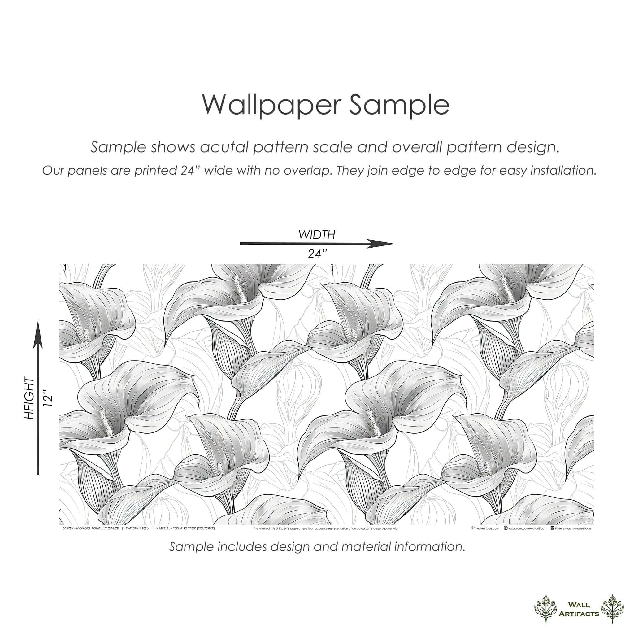Monochrome wallpaper sample showcasing detailed calla lily design on a grayscale backdrop, perfect for modern and elegant spaces.