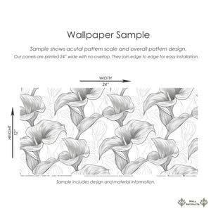 Monochrome wallpaper sample showcasing detailed calla lily design on a grayscale backdrop, perfect for modern and elegant spaces.