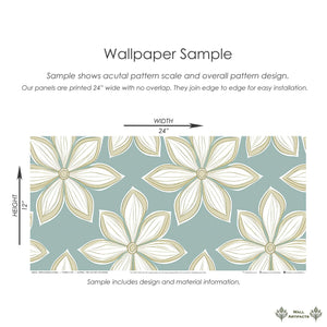 Wallpaper sample with mid-century modern white flowers on a teal background, showcasing vibrant retro-inspired design.