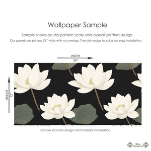 Midnight Lotus Bloom wallpaper sample with ivory white flowers on a black background, showcasing modern and contemporary floral design.