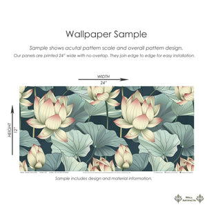 Tranquil Lotus Waters wallpaper sample with lotus flowers and lily pads in calming green and white tones, modern and contemporary design.