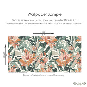 Sunlit Garden Wallpaper sample with tropical flowers in coral and green, showcasing coastal botanical design by Wall Artifacts.