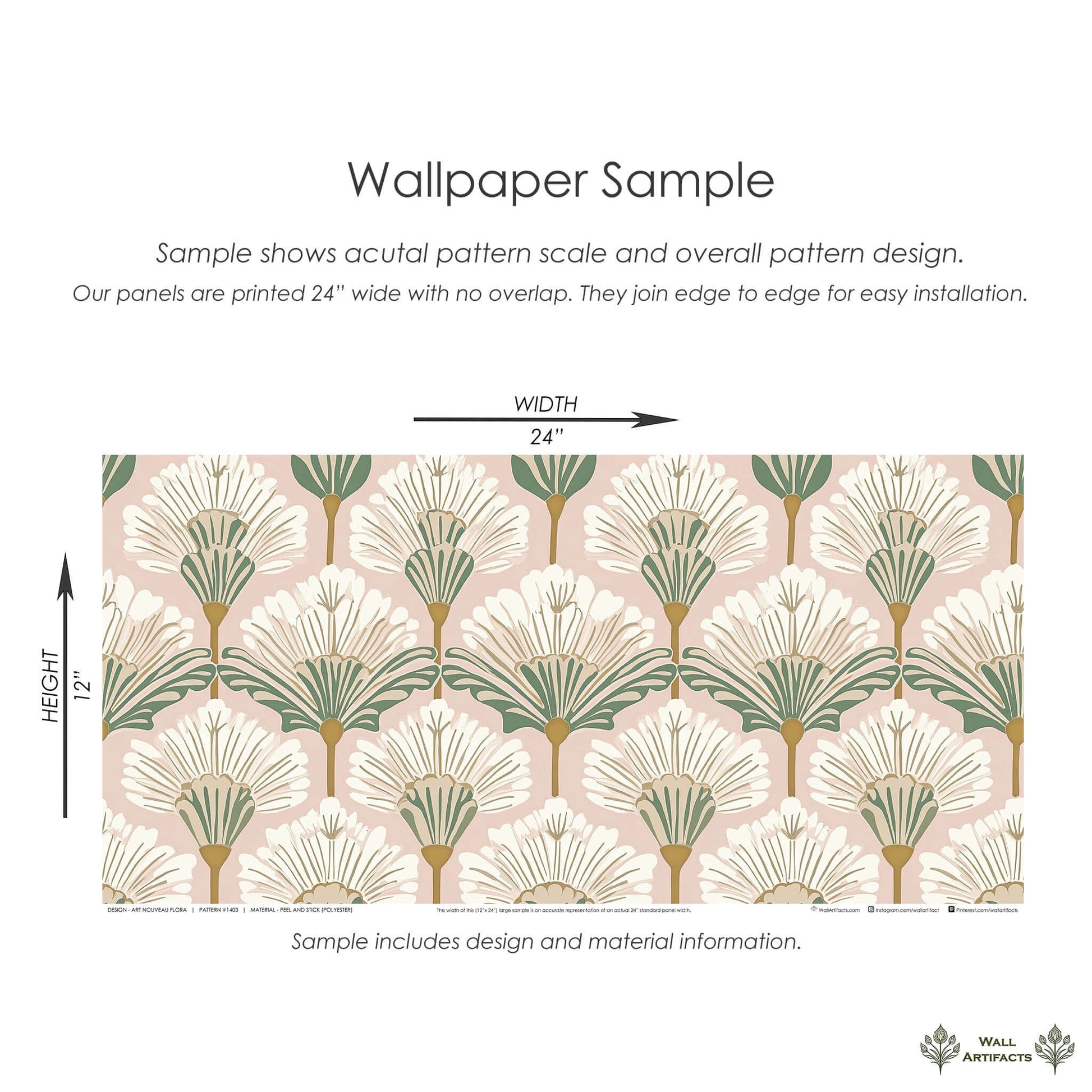 Art Nouveau Flora wallpaper sample with floral pattern in pink, white, and green. Features fan-shaped flowers on blush background.