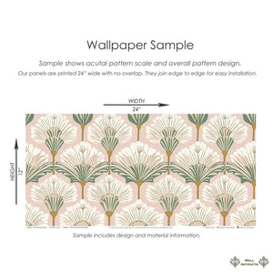 Art Nouveau Flora wallpaper sample with floral pattern in pink, white, and green. Features fan-shaped flowers on blush background.