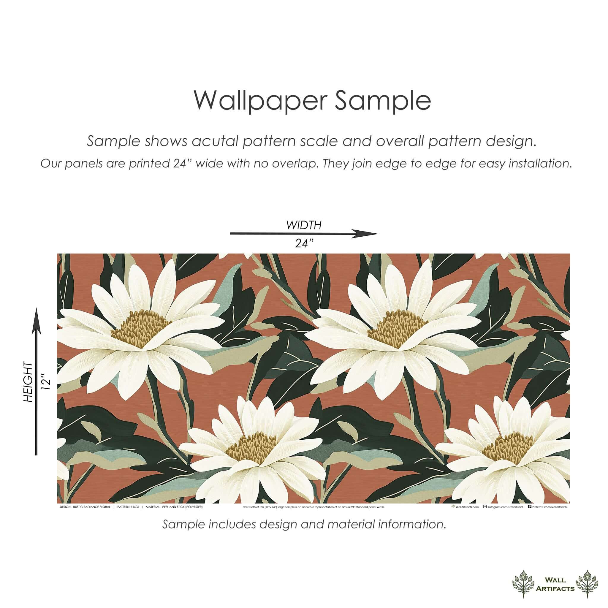 Rustic Radiance Floral Wallpaper with ivory daisies, green foliage on a terracotta background, showcasing contemporary botanical design.