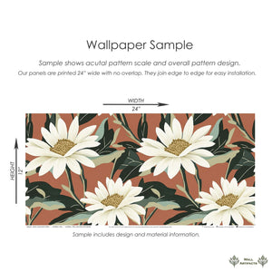 Rustic Radiance Floral Wallpaper with ivory daisies, green foliage on a terracotta background, showcasing contemporary botanical design.