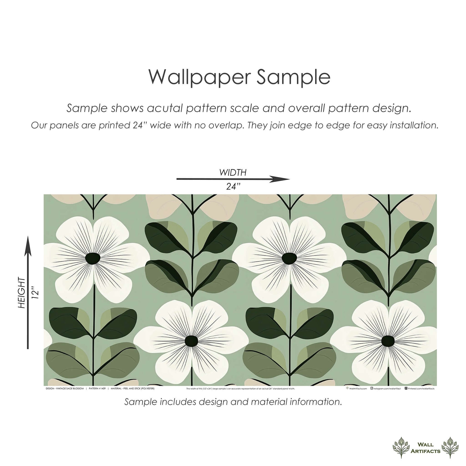 Vintage Sage Blossom wallpaper with mid-century modern white flowers, green leaves on a sage backdrop by Wall Artifacts.