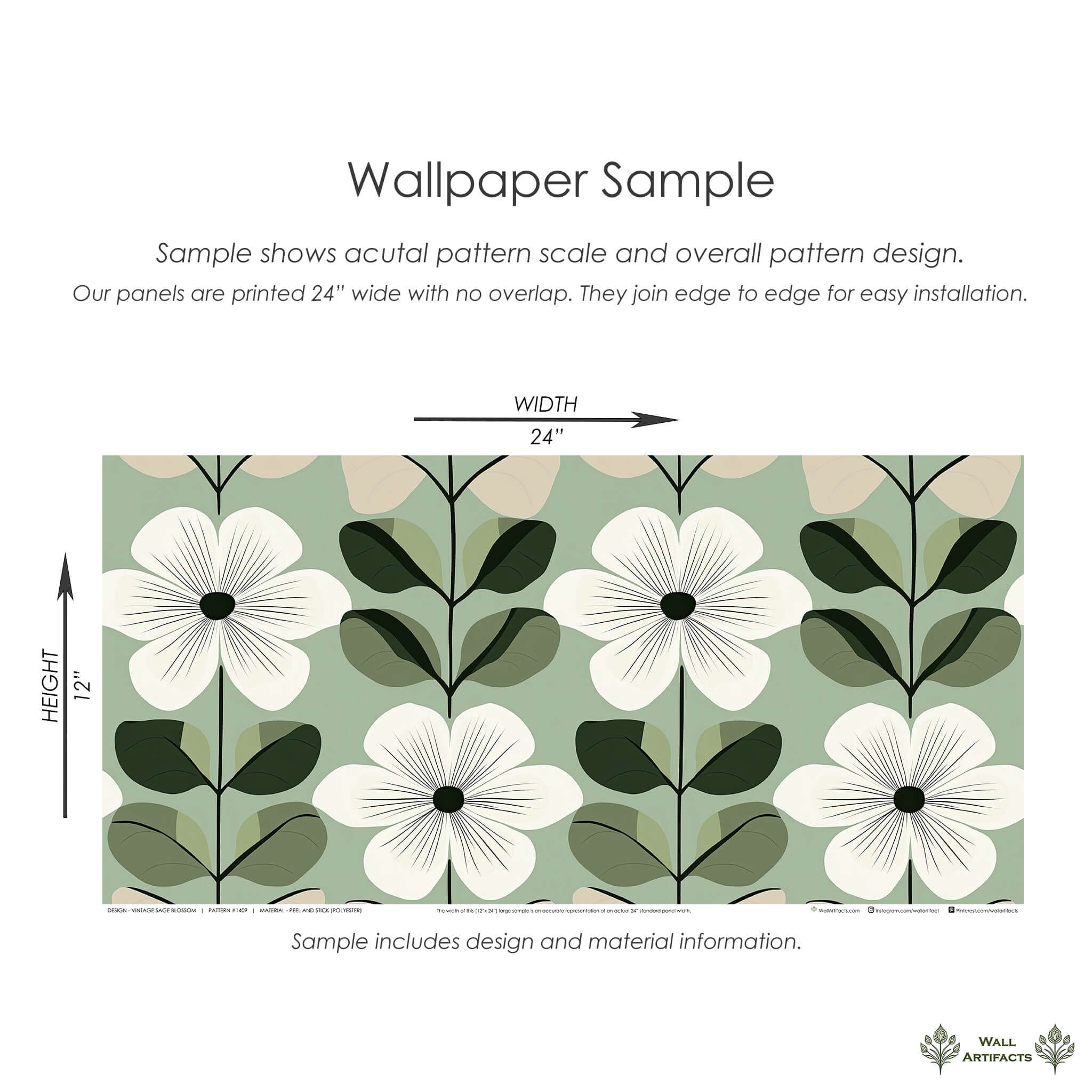 Vintage Sage Blossom wallpaper with mid-century modern white flowers, green leaves on a sage backdrop by Wall Artifacts.