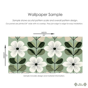 Vintage Sage Blossom wallpaper with mid-century modern white flowers, green leaves on a sage backdrop by Wall Artifacts.