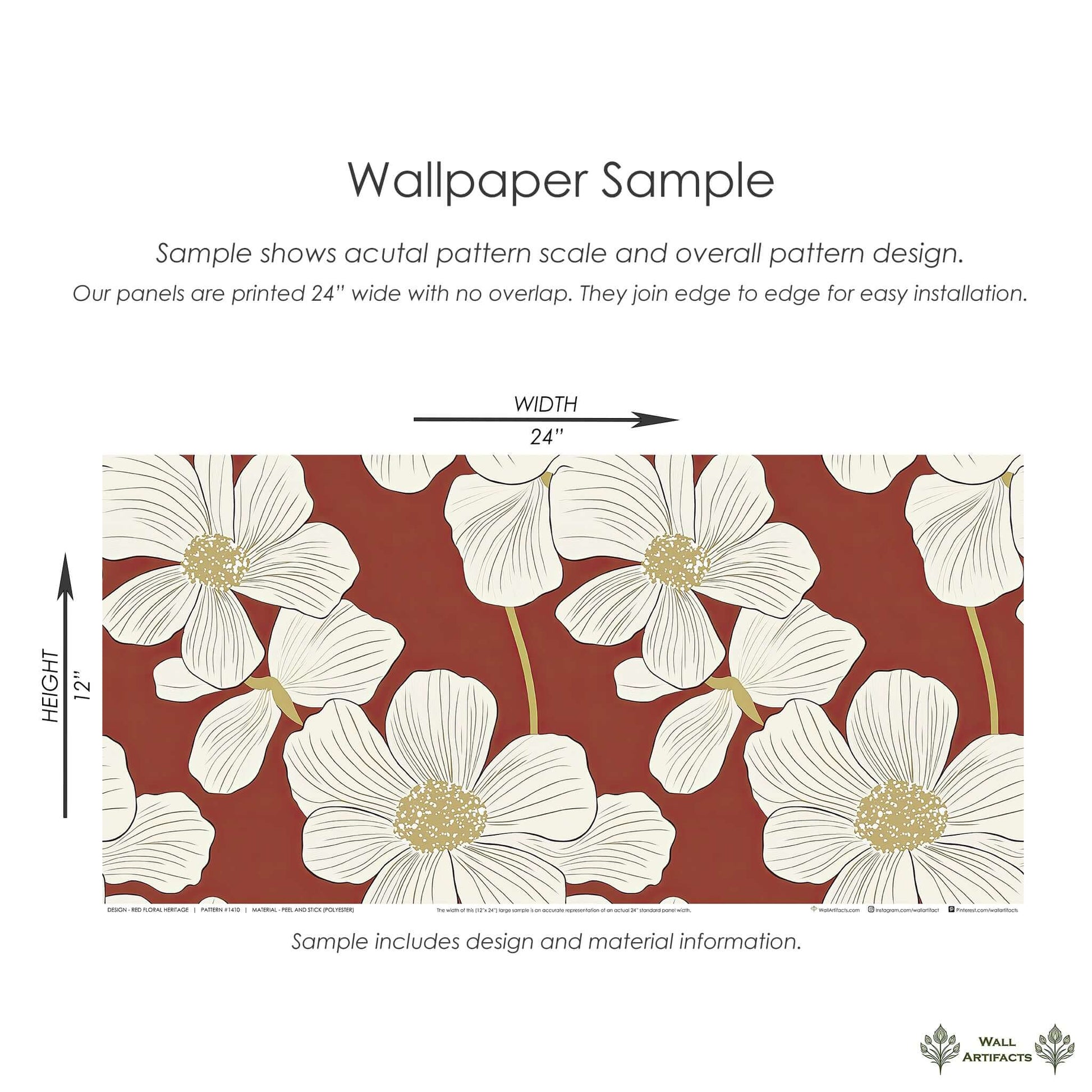 Red floral heritage wallpaper sample with ivory flowers on deep red background, featuring modern and contemporary design for interiors.