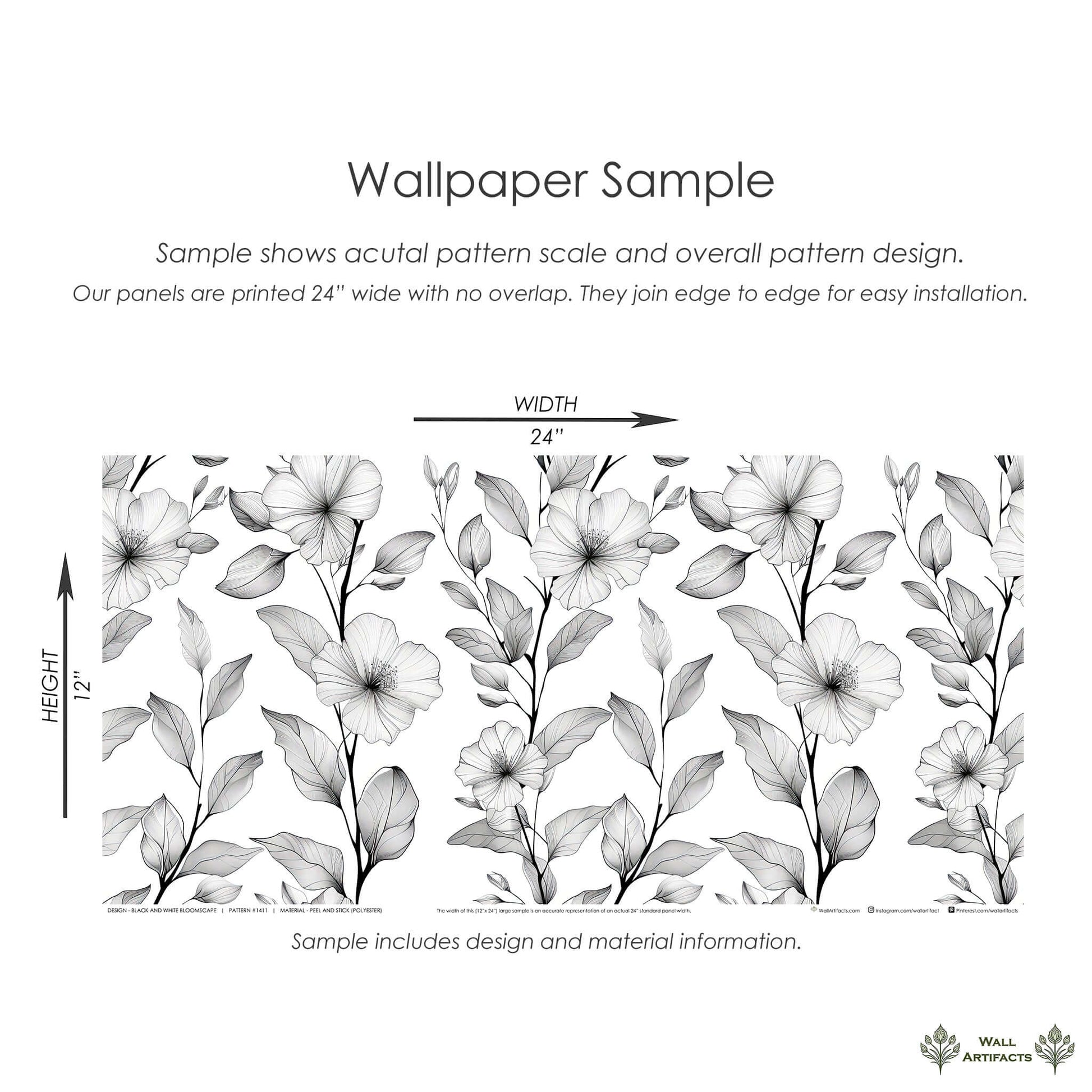 Sample of "Black and White Bloomscape" wallpaper showcasing monochromatic floral and foliage pattern on a 24x12 inch panel.