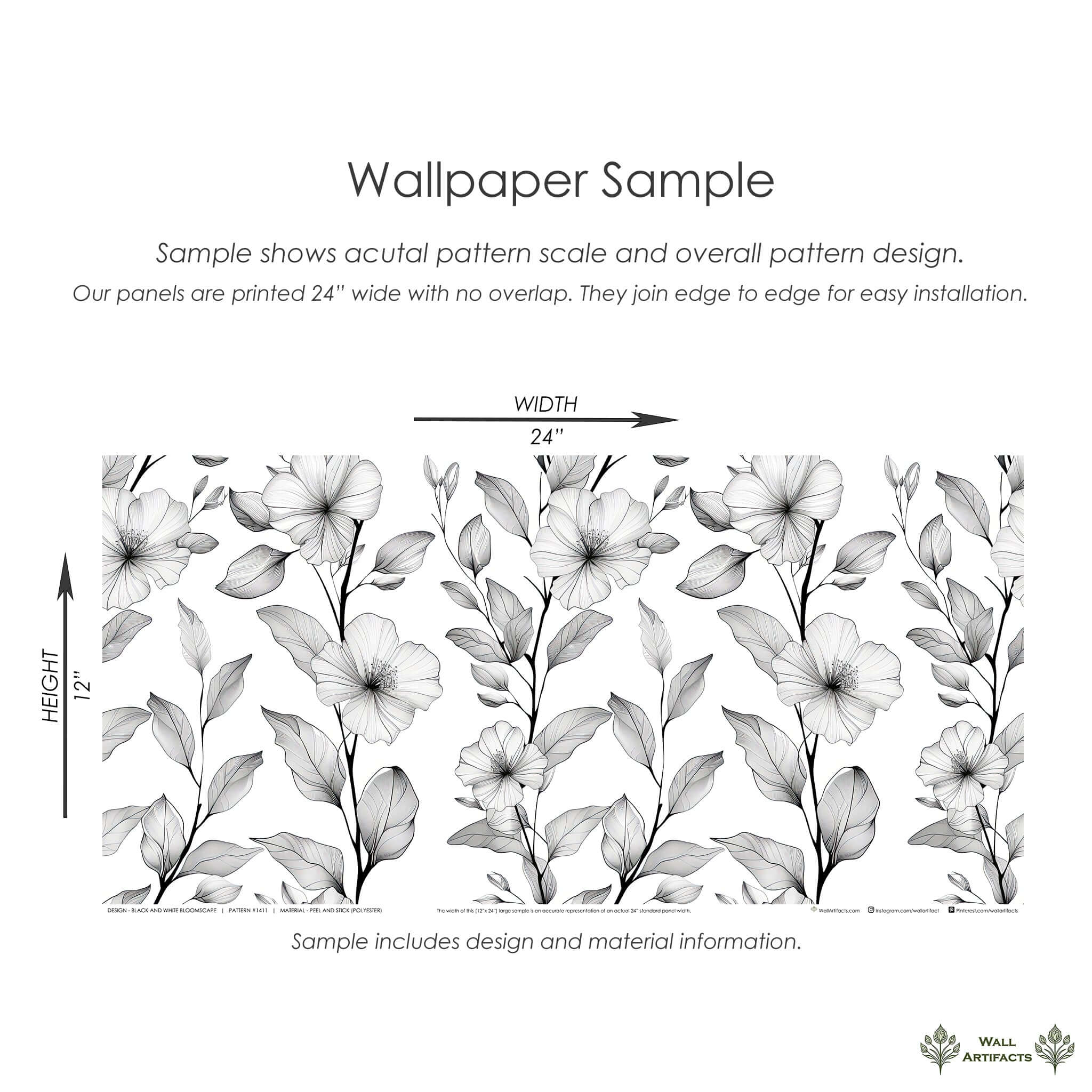Sample of "Black and White Bloomscape" wallpaper showcasing monochromatic floral and foliage pattern on a 24x12 inch panel.