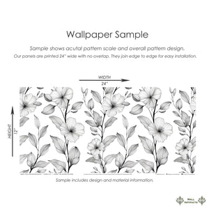 Sample of "Black and White Bloomscape" wallpaper showcasing monochromatic floral and foliage pattern on a 24x12 inch panel.