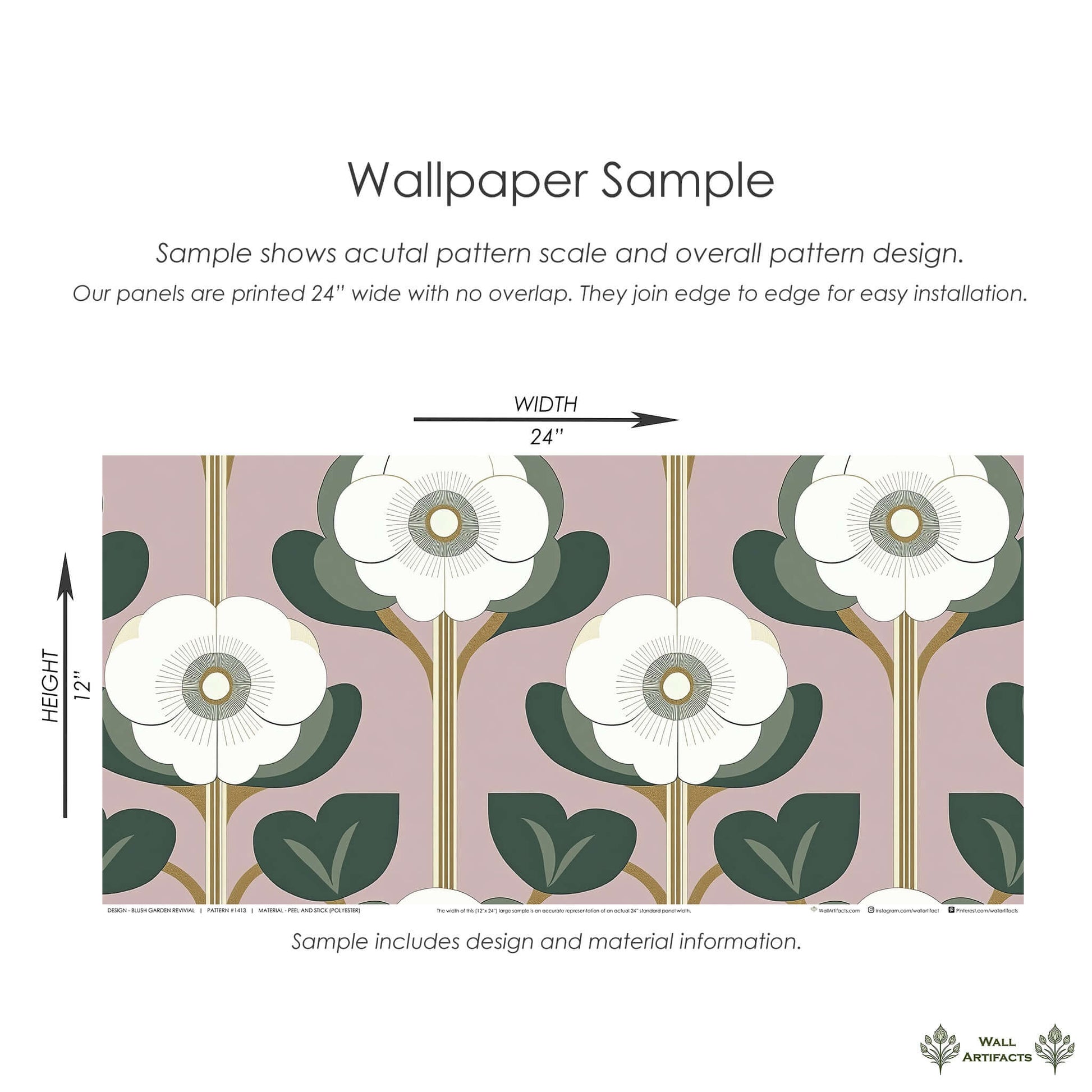 Sample of Blush Garden Revival wallpaper featuring white stylized flowers on a pink and green retro design, 24x12 inches.