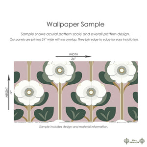 Sample of Blush Garden Revival wallpaper featuring white stylized flowers on a pink and green retro design, 24x12 inches.