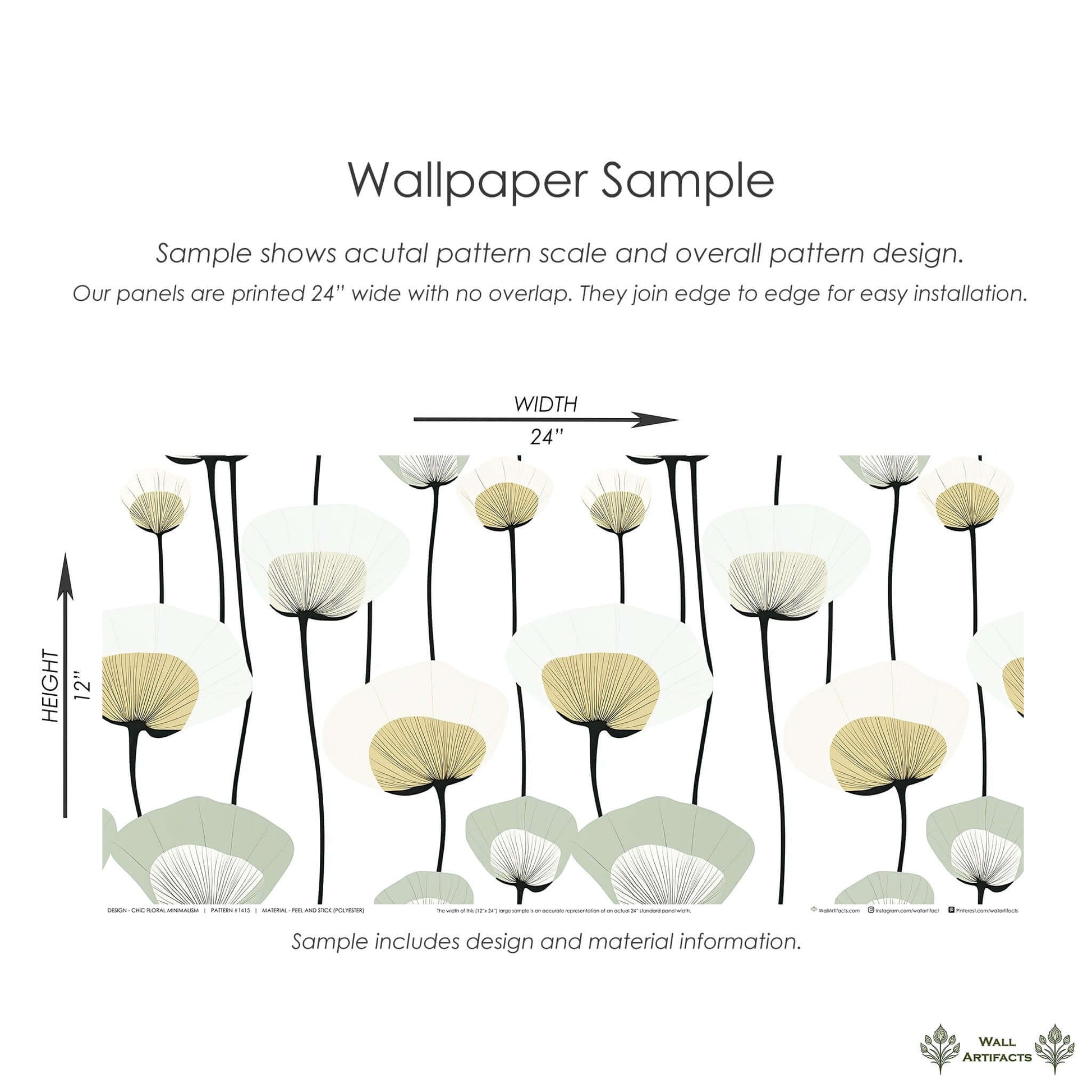 Mid-century modern floral wallpaper sample with muted sage, ivory, and gold abstract flowers, showcasing pattern scale and design.