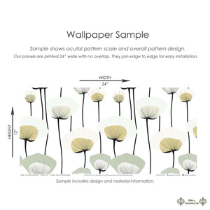 Mid-century modern floral wallpaper sample with muted sage, ivory, and gold abstract flowers, showcasing pattern scale and design.