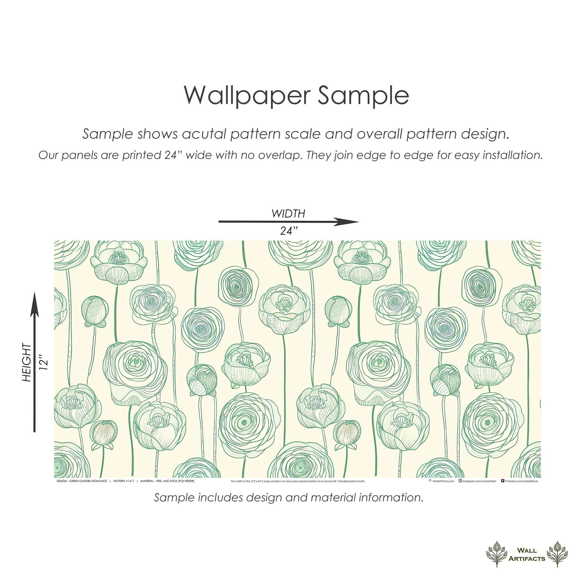 Green Garden Romance wallpaper sample with green floral design on a cream background by Wall Artifacts; botanical elegance for modern spaces.