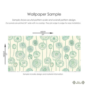 Green Garden Romance wallpaper sample with green floral design on a cream background by Wall Artifacts; botanical elegance for modern spaces.