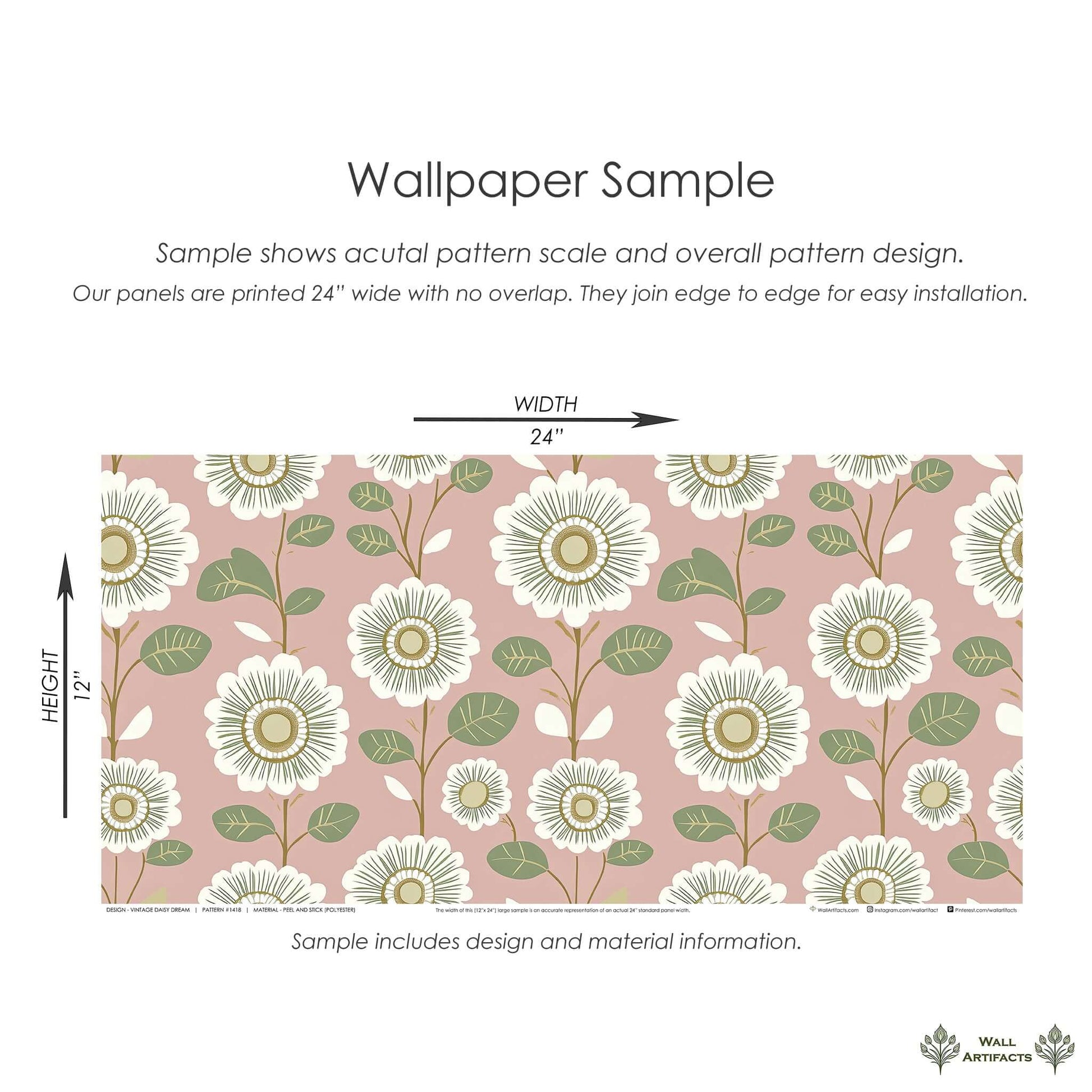 Vintage Daisy Dream Wallpaper with white daisies, olive green leaves, and blush-pink background, perfect for contemporary floral decor.