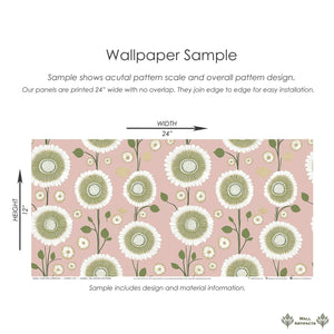 Pastel Petal Perfection wallpaper with daisy-like floral patterns in white and green on a pink background, 24" wide sample by Wall Artifacts.