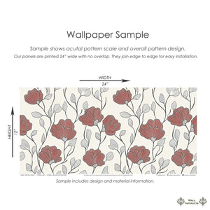 Sample of "Red Petal Whimsy" modern floral wallpaper with red flowers and monochrome foliage on a cream backdrop, 24" x 12" panel.