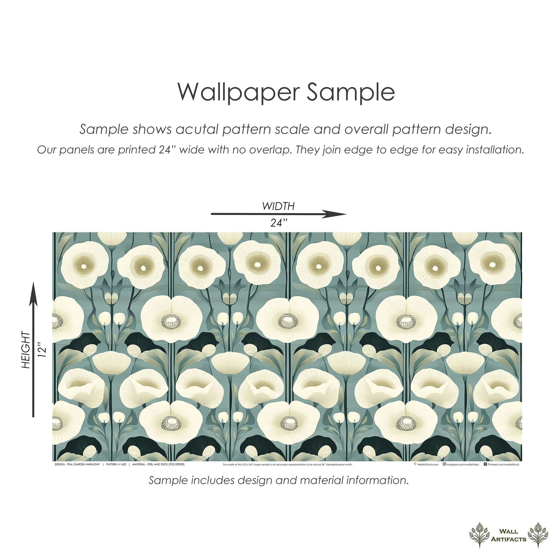 Teal Garden Harmony wallpaper sample with vintage florals, ivory poppies on teal background, showcasing damask pattern design.