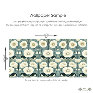 Teal Garden Harmony wallpaper sample with vintage florals, ivory poppies on teal background, showcasing damask pattern design.
