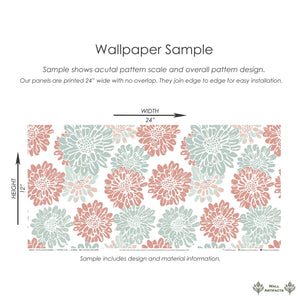 "Playful Dahlia Parade" wallpaper sample featuring coral pink and mint green abstract dahlia flowers on a white background.