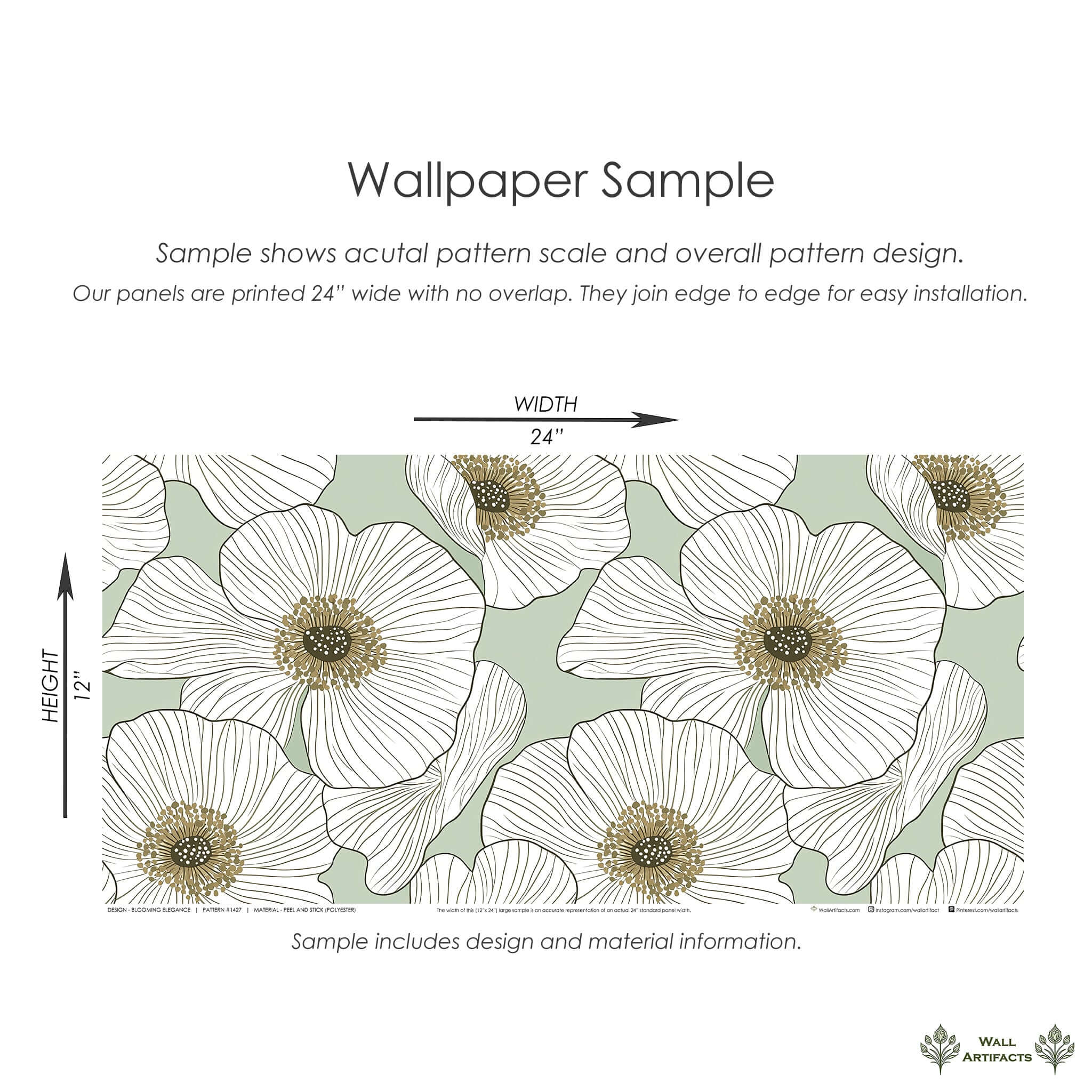 "Blooming Elegance" wallpaper sample featuring large white floral patterns on a soft green background, ideal for modern decor.