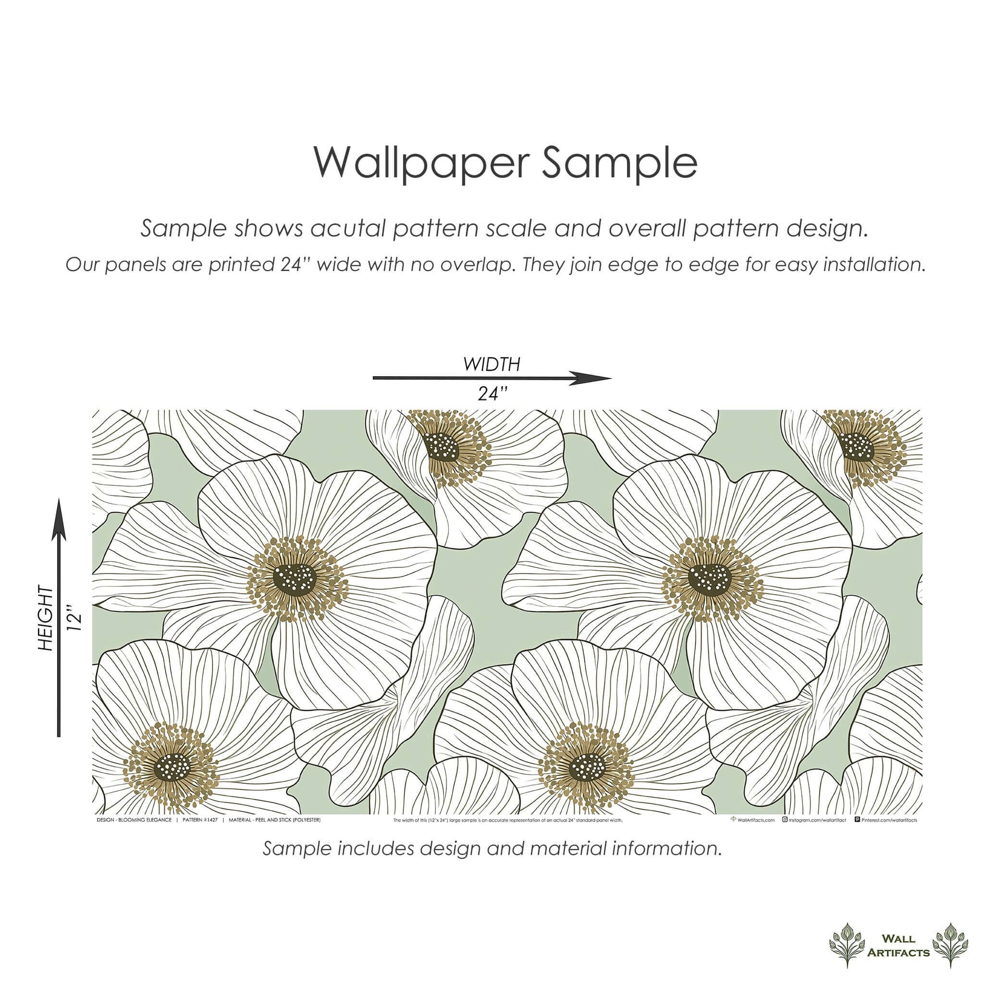 "Blooming Elegance" wallpaper sample featuring large white floral patterns on a soft green background, ideal for modern decor.