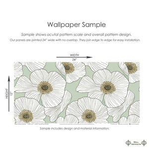 "Blooming Elegance" wallpaper sample featuring large white floral patterns on a soft green background, ideal for modern decor.