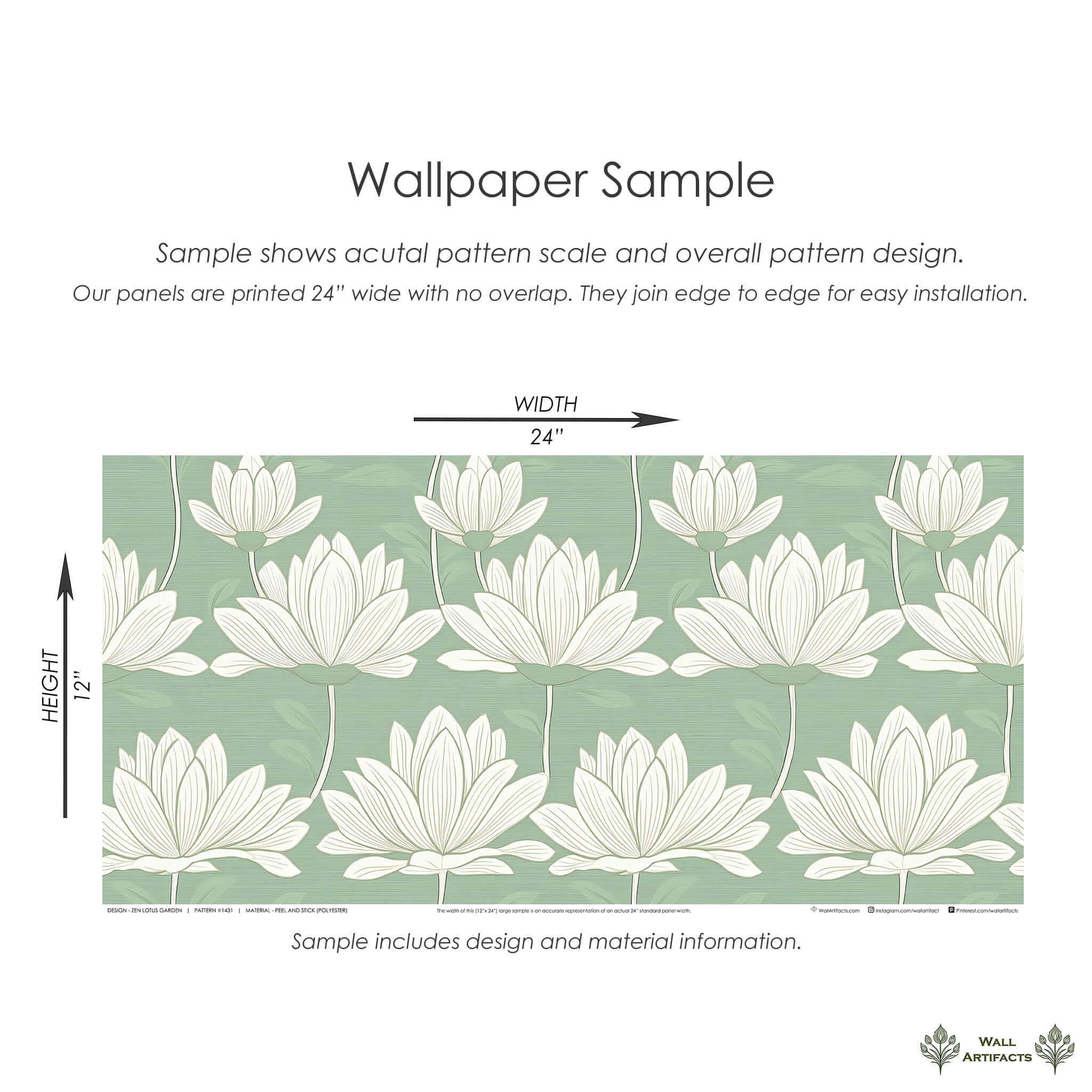 Zen Lotus Garden wallpaper sample with white lotus flowers on a mint green background, showcasing modern and contemporary design.