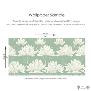 Zen Lotus Garden wallpaper sample with white lotus flowers on a mint green background, showcasing modern and contemporary design.