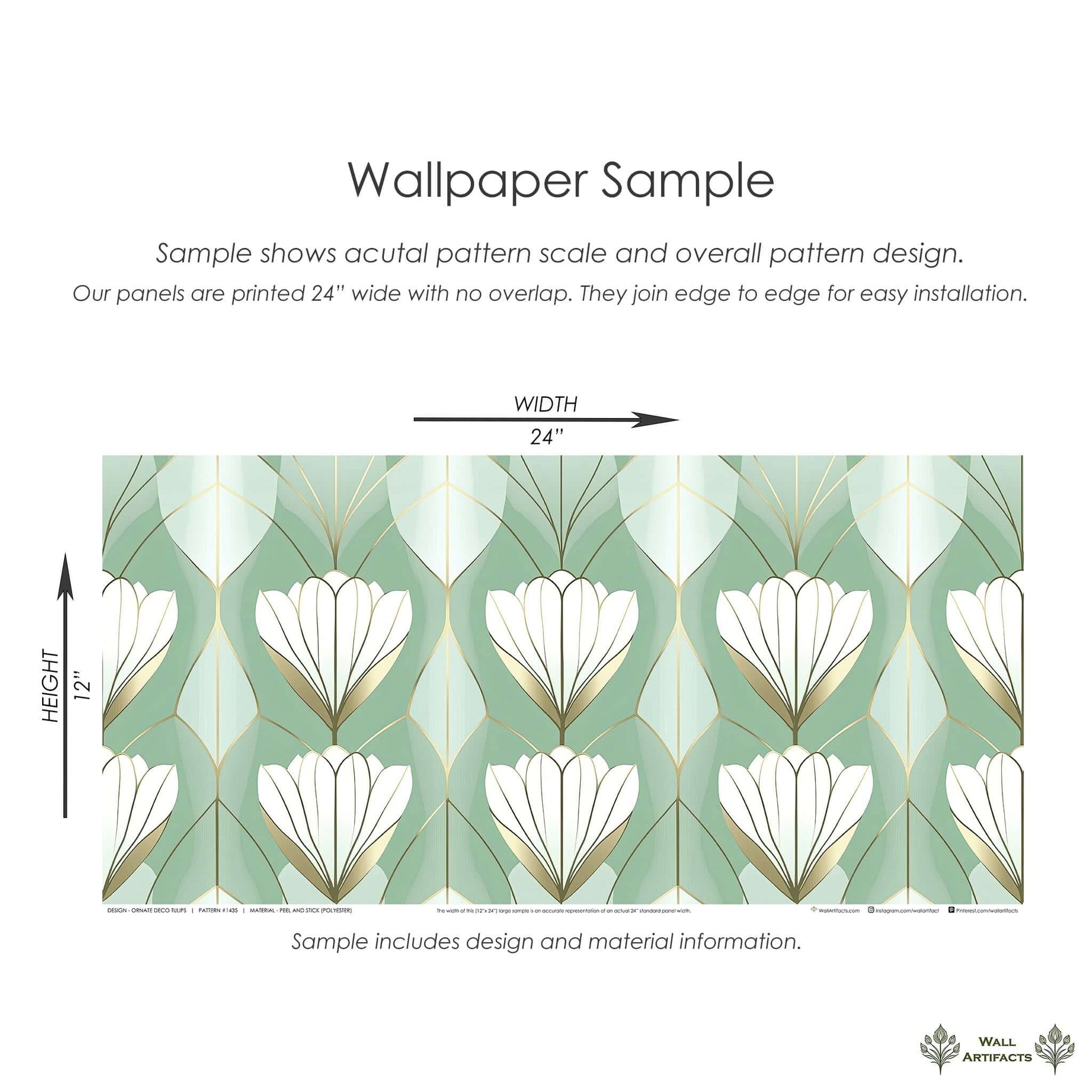 Ornate Deco Tulips Wallpaper sample in green, white, and gold with art deco style, perfect for elegant accent walls.