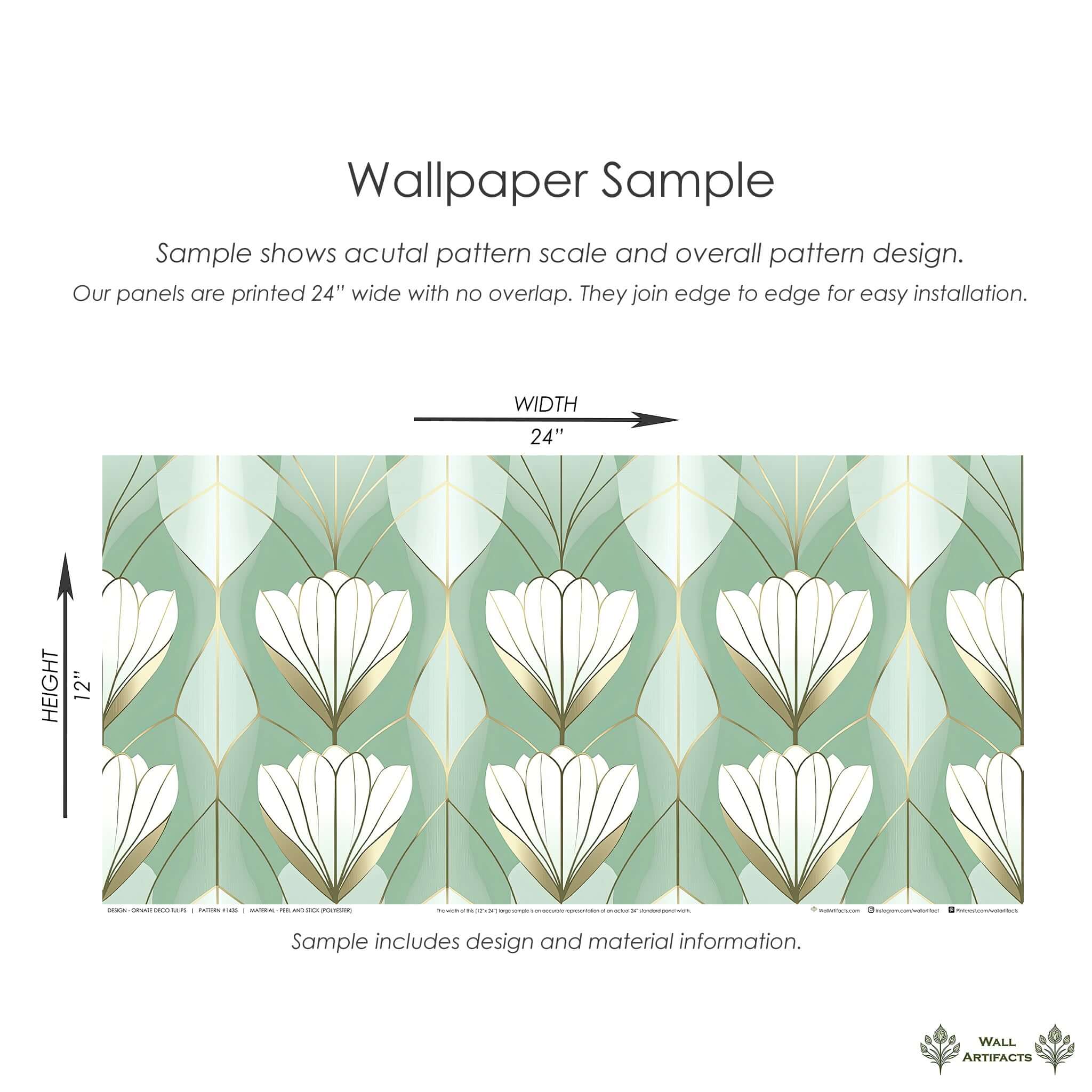 Ornate Deco Tulips Wallpaper sample in green, white, and gold with art deco style, perfect for elegant accent walls.